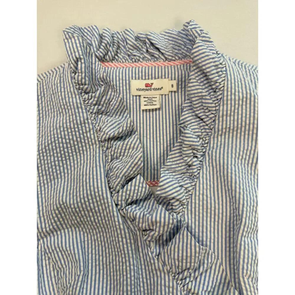 Vineyard Vines Blue White Seersucker Ruffle Dress SIZE 8